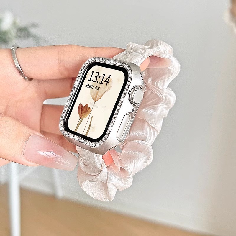 ห่วงผมสายนาฬิกา+เพชรสําหรับ Apple Watch Series 11/10/9/8/7/6/5/4/3/2/SE 38/40/41/42/44/45/49 มม. ยืดหยุ่น