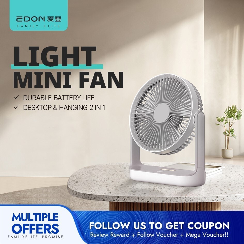 Edon พัดลมตั้งโต๊ะ 3000mah แบตเตอรี่ติดผนังพัดลมเงียบพร้อมตะขอและ Nightlight E813A