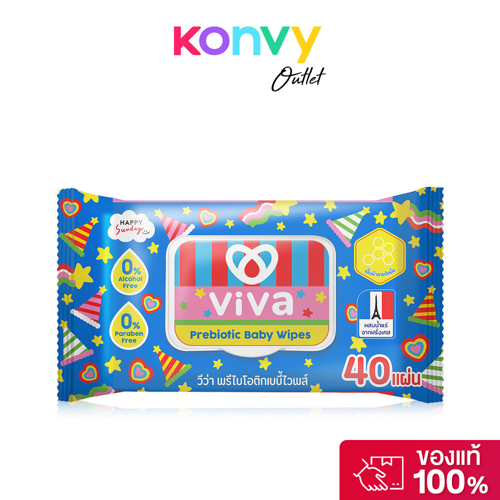 ViVa x Happy Sunday Prebiotic Baby Wipes 40 Sheets วีว่า ผ้าเปียก พรีไบโอติก 40แผ่น.