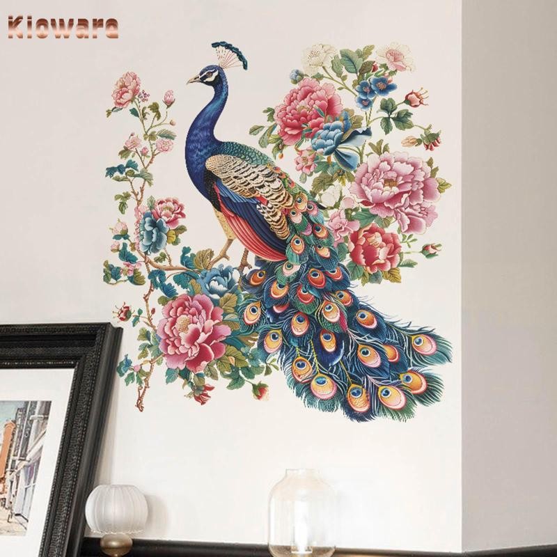 สติ๊กเกอร์ติดผนัง DIY ลายนกยูงและปีโอน่า สำหรับการตกแต่งบ้านอย่างสร้างสรรค์