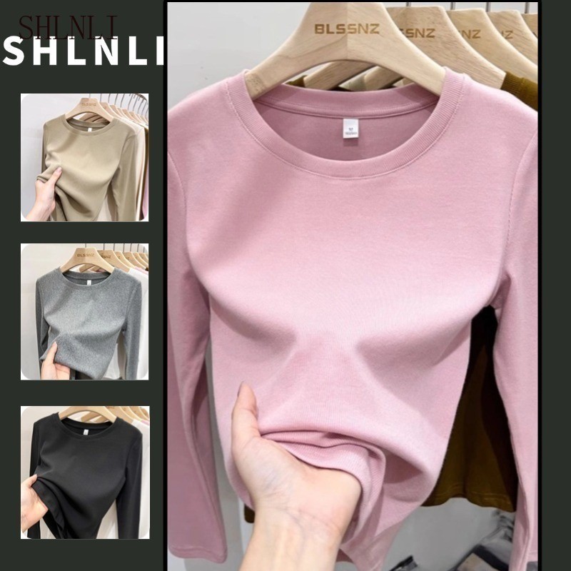 เสื้อยืดแขนยาวทรงเข้าตัวสำหรับฤดูหนาว สีทึบ สวมใส่ง่ายสำหรับผู้หญิง