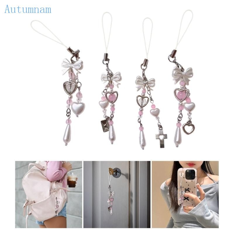 AUTU Stylish Bowknot Phone Pendant Trend Phone Charm for Women Girls Heart Beaded