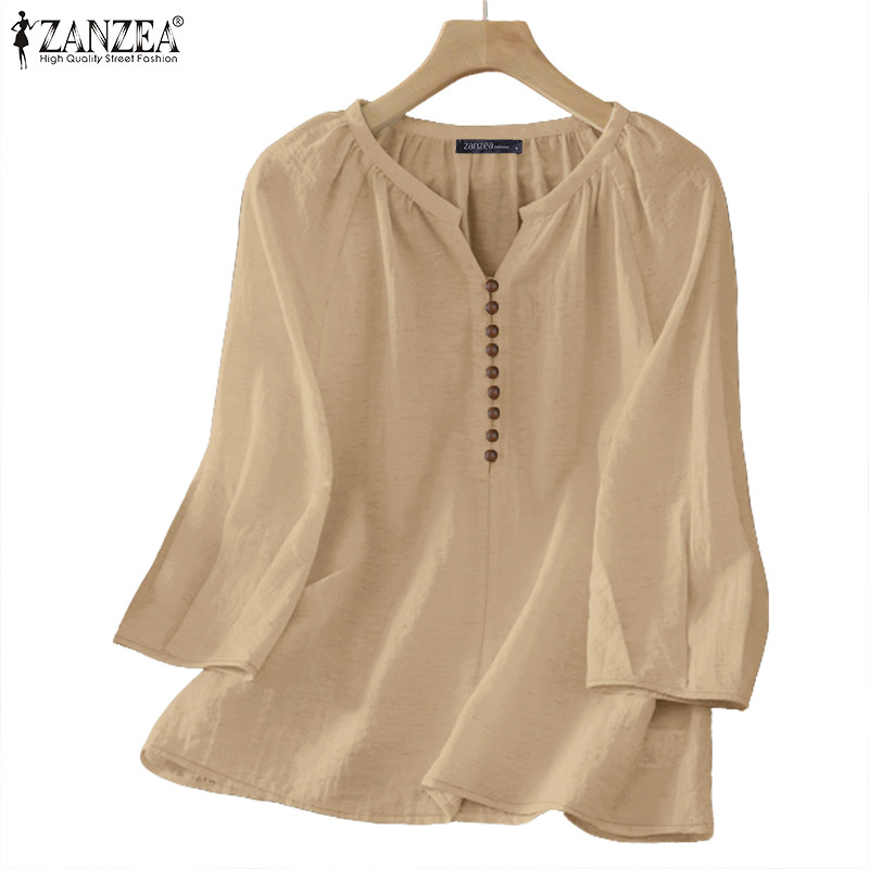 ZANZEA เสื้อผ้าสำหรับผู้หญิง แขนยาว 3/4 คอกลม สไตล์เกาหลี ปุ่มหน้า