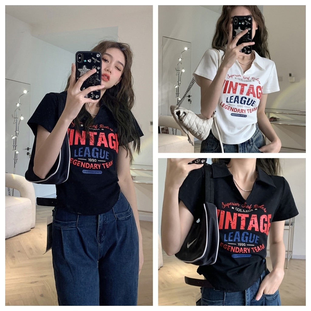Bella shop เสื้อยืดผู้หญิงแฟชั่น เสื้อพิมพ์ลาย สไตล์เกาหลี ดีไซน์คอวี ทรงเข้ารูป แขนสั้น เซ็กซี่