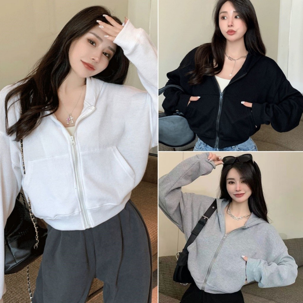 Hotgirl พร้อมส่ง เสื้อคลุมผู้หญิง เสื้อฮู้ด สีพื้น แฟชั่นผู้หญิง มีฮู้ด สไตล์เกาหลี แขนยาวผ้าวาฟเฟิล ไม่ร้อน
