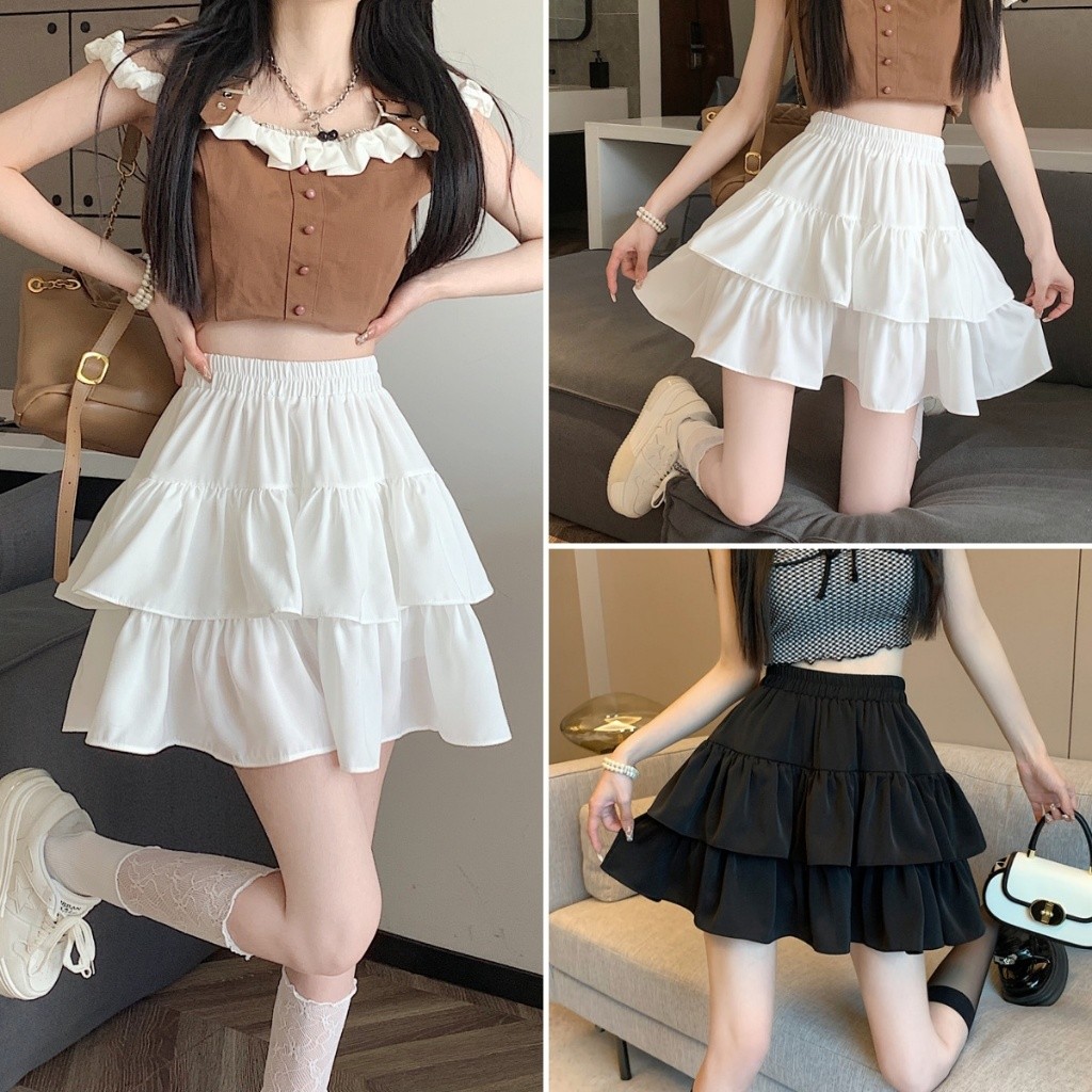 Hotgirl พร้อมส่ง กระโปรง y2k กระโปรงสั้นผู้หญิง เซ็กซี่เอวสูง สง่างามหวานและน่ารัก สไตล์ฝรั่งเศส(ขาว/ดำ)