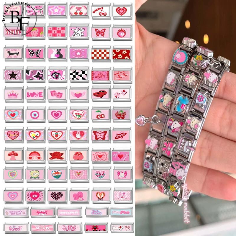 สร้อยข้อมือสแตนเลส Hot Pink Series ขนาด 9 มม. เครื่องประดับสไตล์เรโทร Italian Charm