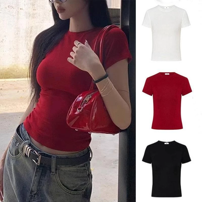 ใหม่สาวฮอตเพรียว หญิงเสื้อยืดฤดูร้อน บางแสดงรอบคอบวกไหล่เสื้อยืดด้านบน
