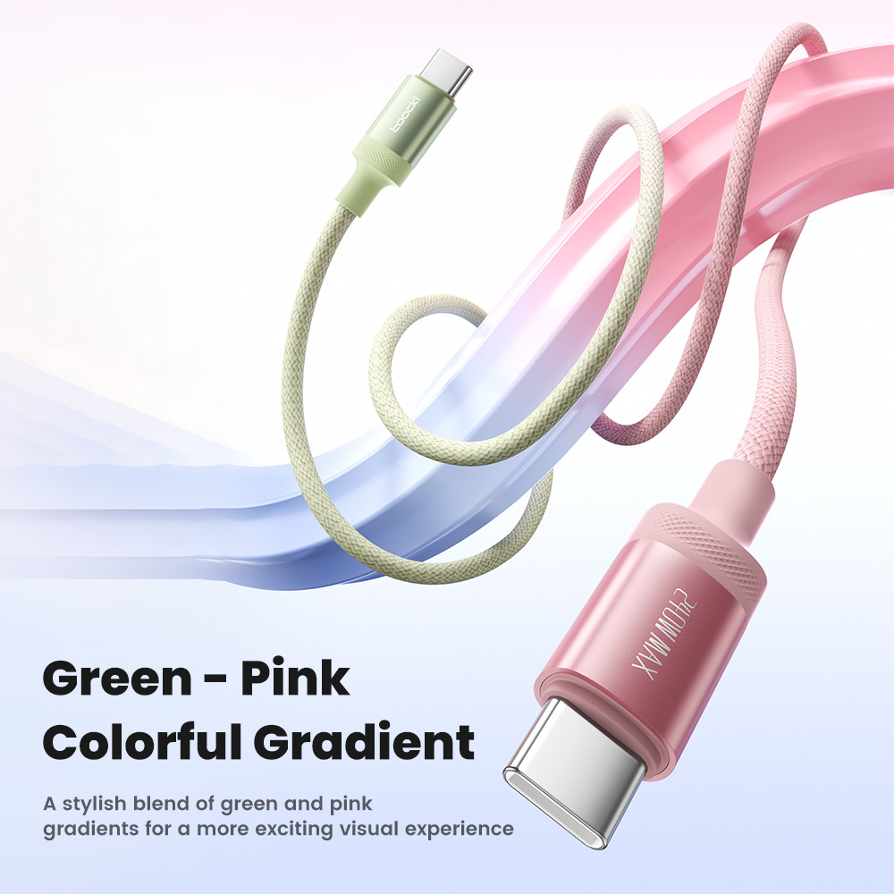 Toocki 240W CC สายไล่ระดับสีที่มีสีสัน PD3.1 Fast Charging สีเขียว-สีชมพู Gradientr สายถัก 5A USB-C อลูมิเนียมข้อมูลสายสําหรับ PC แท็บเล็ตโทรศัพท์ - รูปที่ 3