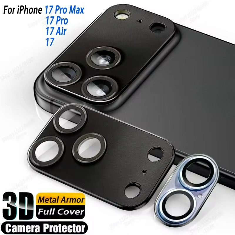 ตัวป้องกันกล้องโลหะสีดําอัลลอยด์สําหรับ iPhone 17/16/15/14 pro Max Air - กระจกนิรภัยพร้อมฝาครอบวงแหวนเลนส์