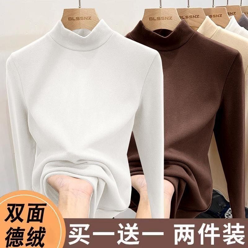 理~秋冬新款加绒加厚短袖衬衫女半高领内长袖修身上衣Processing ~ ฤดูใบไม้ร่วงและฤดูหนาว de กํามะหยี่บวกเสื้อฐานบุกํามะหยี่ผู้หญ