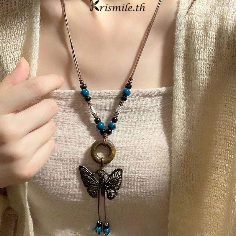 COD-ในไทย💖สร้อยคอลูกปัดย้อนยุคจี้ผีเสื้อทรงกลม สไตล์โบฮีเมียนสไตล์จีนแฟชั่นเครื่องประดับปรับได้เชือกถักสำหรับผู้หญิง-Kri