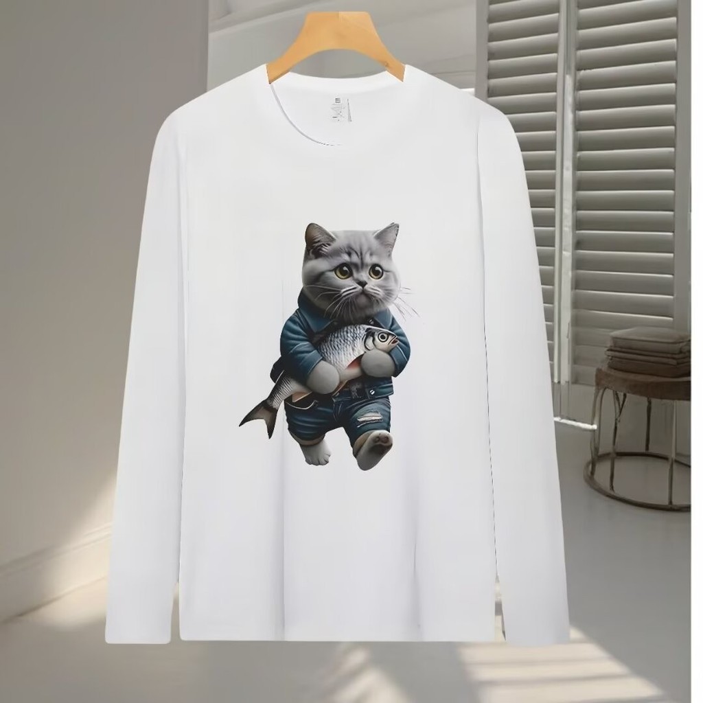 2025 NEW 2025 New Heavyweight Long Sleeve T-Shirt Cat Design Print Loose Versatile Casual Men's Crew