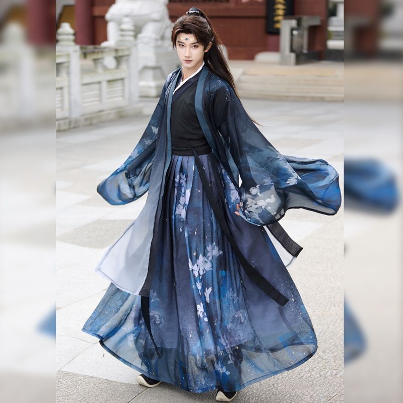 ต้นฉบับHanfu Wei Jinสไตล์ผู้ชายผู้หญิงข้ามคอเอวSuper Fairyพิมพ์เครื่องแต่งกายโบราณสไตล์จีนนักเรียนบร