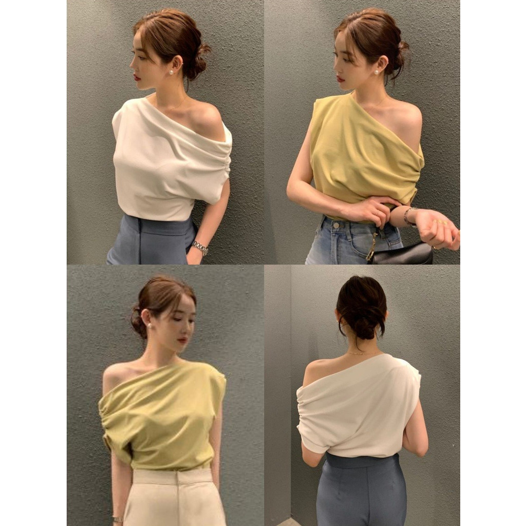 🎀Mary🎀เสื้อเปิดไหล่แขนสั้น สีพื้น เข้ารูป ผ้านิ่ม ใส่สบาย เรียบหรูสไตล์มินิมอล แฟชั่น ส่งจากไทย