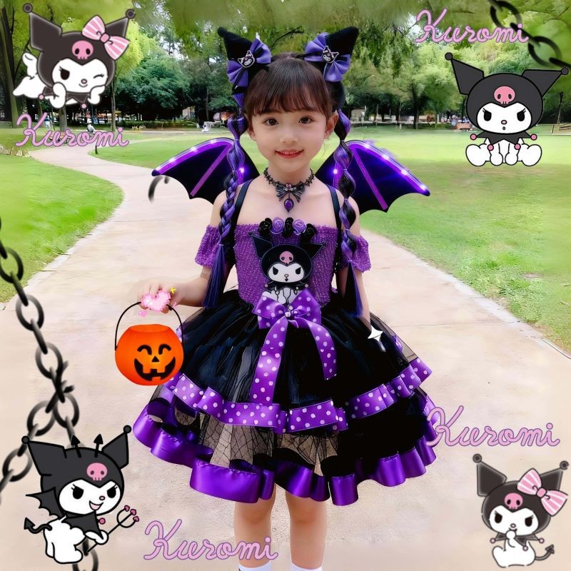 2-12Y Halloween Kuromi Cosplay Cosutme For Kids Girl With Pumpkin Candy Bucket Purple&Black Kuromi