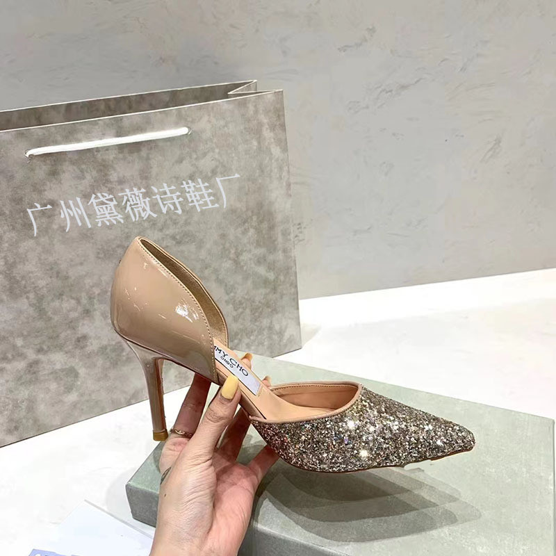 Jimmy CHOO Sequined Hollow Casual Pointed Toe รองเท้าผู้หญิง Stiletto รองเท้าส้นสูง 7 ซม.