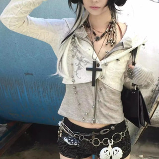 X-ORANGE เสื้อแจ็คเก็ตถักมีฮู้ด y2k ซิปเสื้อแจ็คเก็ตแขนยาว S…