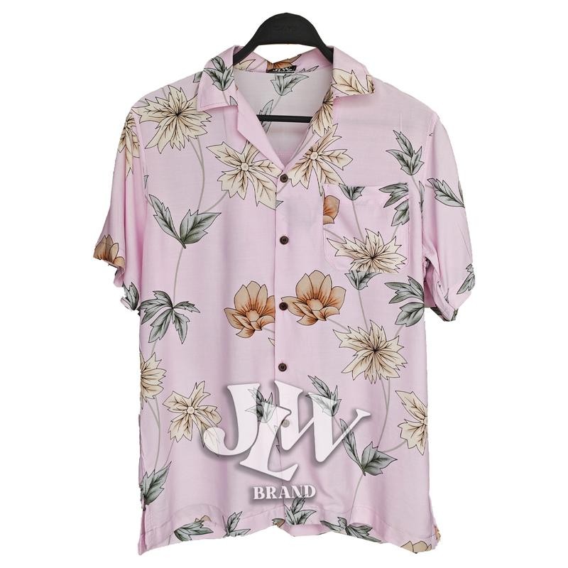เสื้อฮาวาย ลายเมเปิ้ล ชมพู ผ้านิ่ม M L XL Oversize คอฮาวาย JLW BRAND