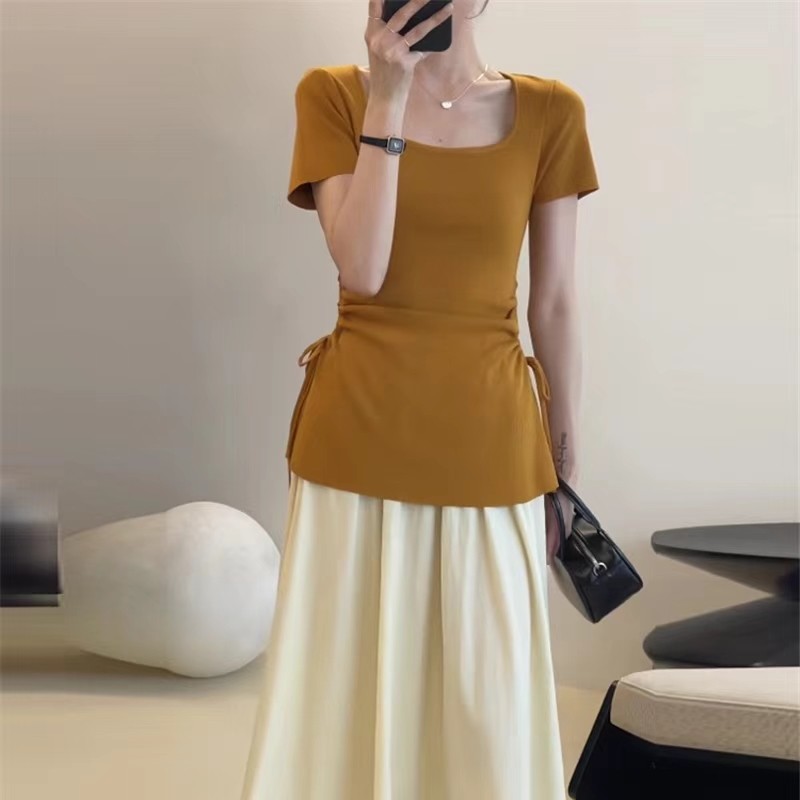 ฤดูร้อนสไตล์ใหม่ Pure Desire u-คอ Drawstring Hollow เสื้อยืดผู้หญิงโครเชต์เอวถัก Slim-fit สาวร้อน To