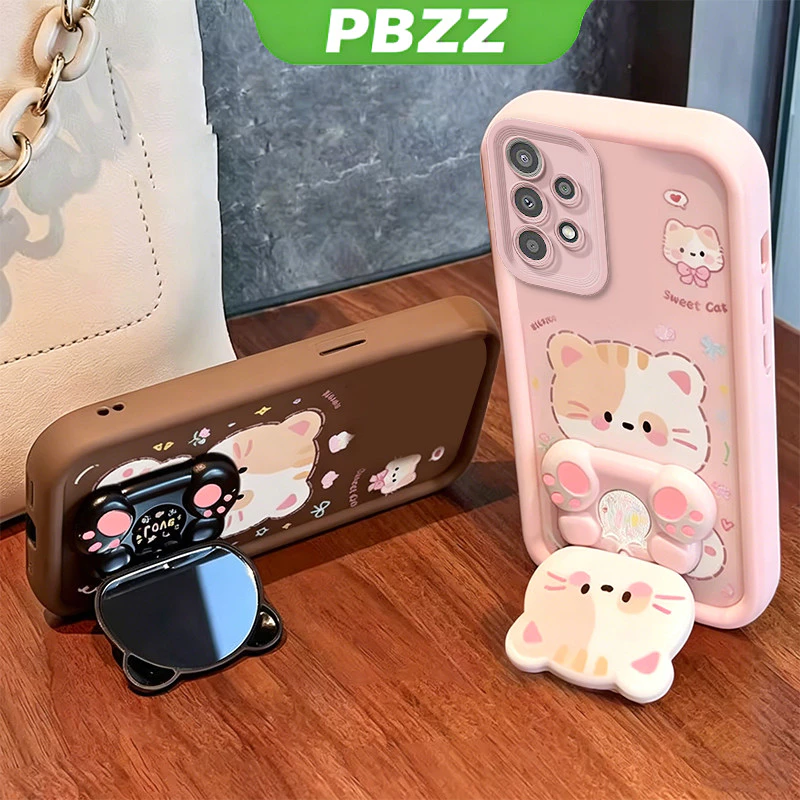 SAMSUNG เคสสําหรับSAMSUNG A13 5G A13 4G A32 4G A32 5G a23 5Gเคสโทรศัพท์Softcaseกันกระแทกออกแบบใหม่ความงามพร้อมตัวยึด 360° กระจกแต่งหน้า แมวน่ารัก สําหรับเด็กผู้หญิง JTXMMZJ