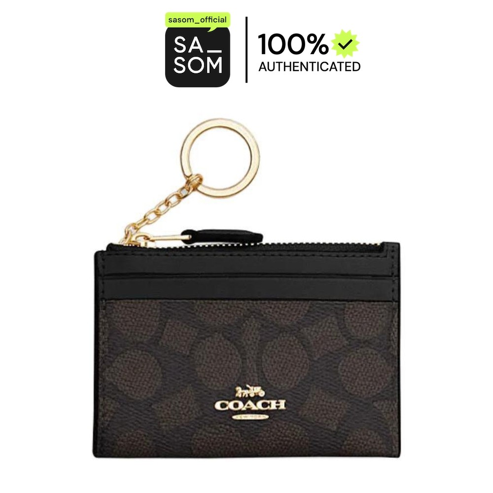 Coach Skinny Id Case Artificial Leather Plastic Card Holder Mini Women's Walnut & Black | ของแท้ ตรว