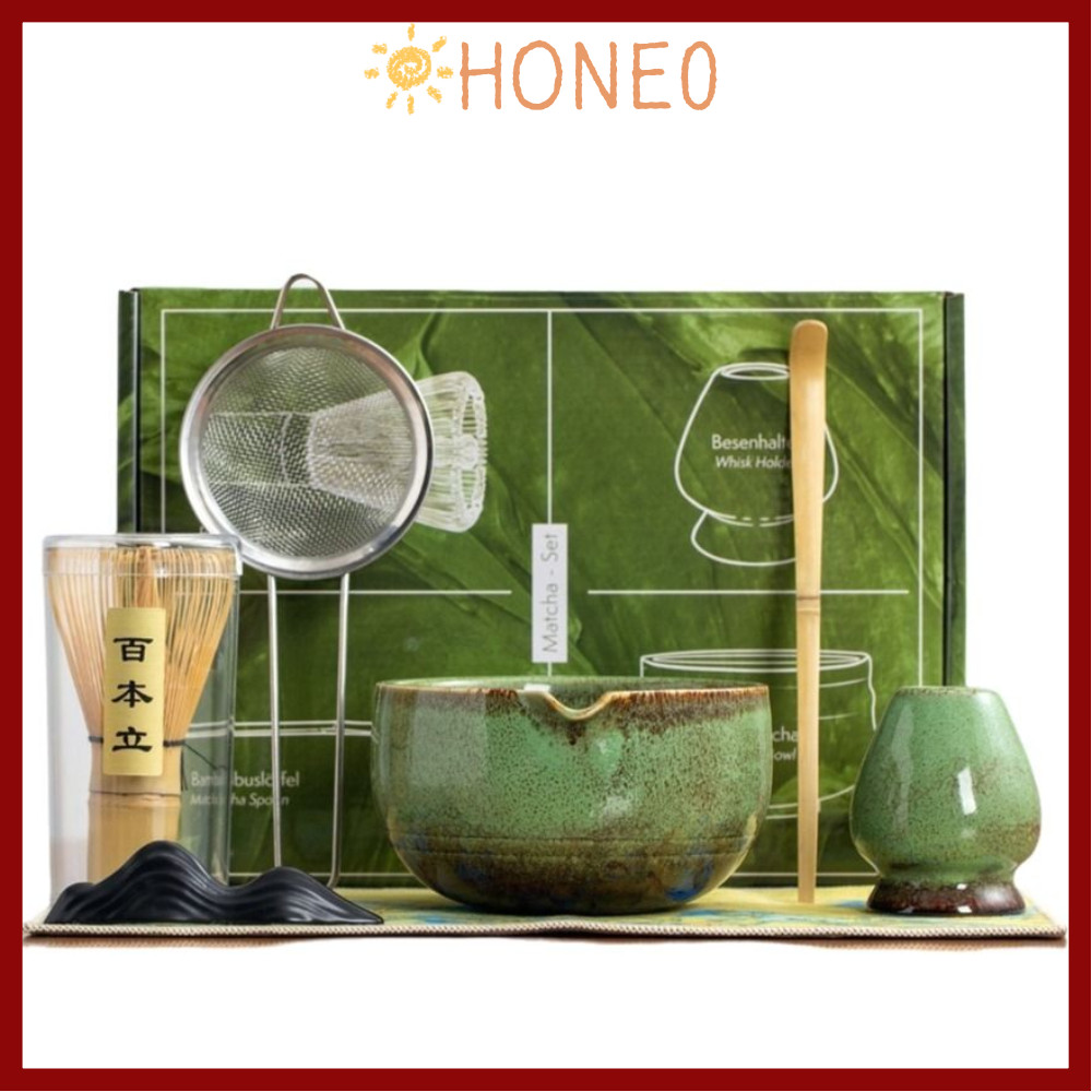 HONE 7 ชิ้นชุดน้ําชามัทฉะ,ไม้ไผ่แบบดั้งเดิมเซรามิคญี่ปุ่น Matcha Whisk,Reusable Japanese Chasen เครื่องมือทําชา