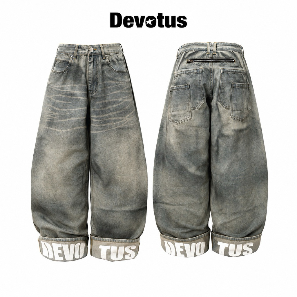 DENIM ON DENIM DEVOTUS DENIM แจ็คเก็ตความร้อนและกางเกงขากว้างกางเกงยีนส์ชั้นพิมพ์ไฮบริด