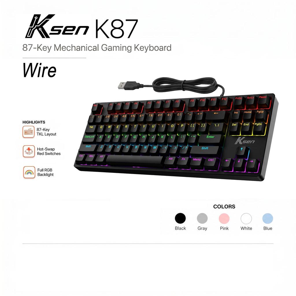 Ksen MK87 87Key Hot-Swappable Red Axis RGB คีย์บอร์ดแบบกลไกสําหรับเล่นเกมและสํานักงาน