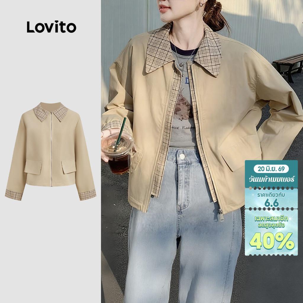 Lovito แจ็คเก็ตลำลอง คอเปรียบเทียบ กระเป๋าเทียม ฤดูใบไม้ร่วง/ฤดูหนาว เสื้อแจ็คเก็ตสีคล้ำ L159AD316