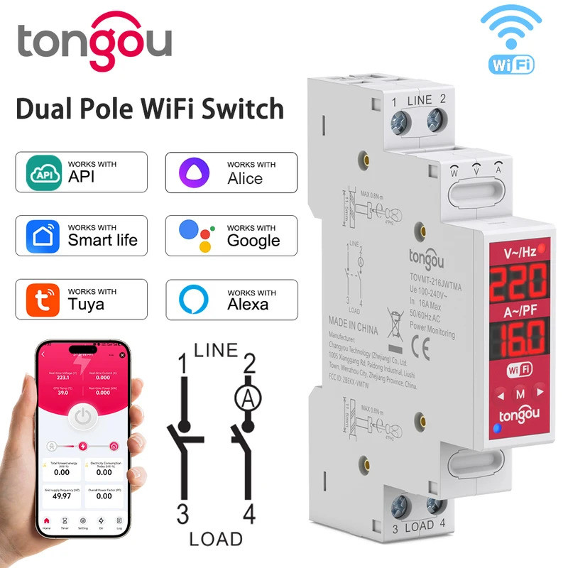 TONGOU 2P 18 มม.รีเลย์ WiFi 16A 100-240V AC Over/Undervolt Auto/Manual Reclosed Tuya Smart Life APP 