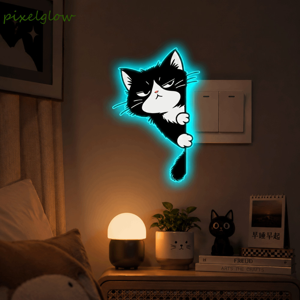 PIXELGLOW Cat Luminous Stickers, PVC Cute Cat Wall Decals, Glow-in-the-Dark Decorative Self-Adhesive