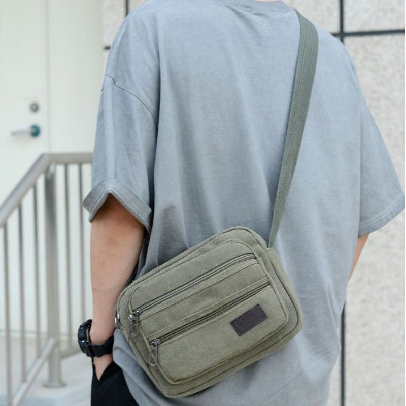 B497-กระเป๋าสะพายไหล่ผู้ชายผ้าใบหลายชั้น Casual All-Match Mens Messenger Bag