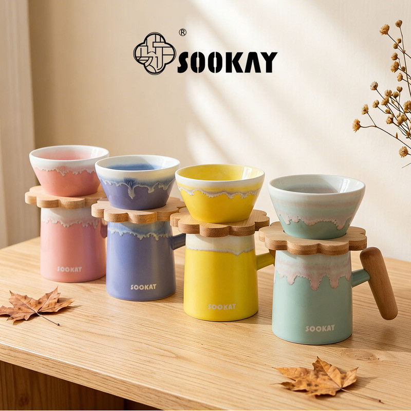 SOOKAY Dopamine Candy Color High-value Glaze Hand-brewed Coffee Personal Cup Bamboo Filter Holder Co