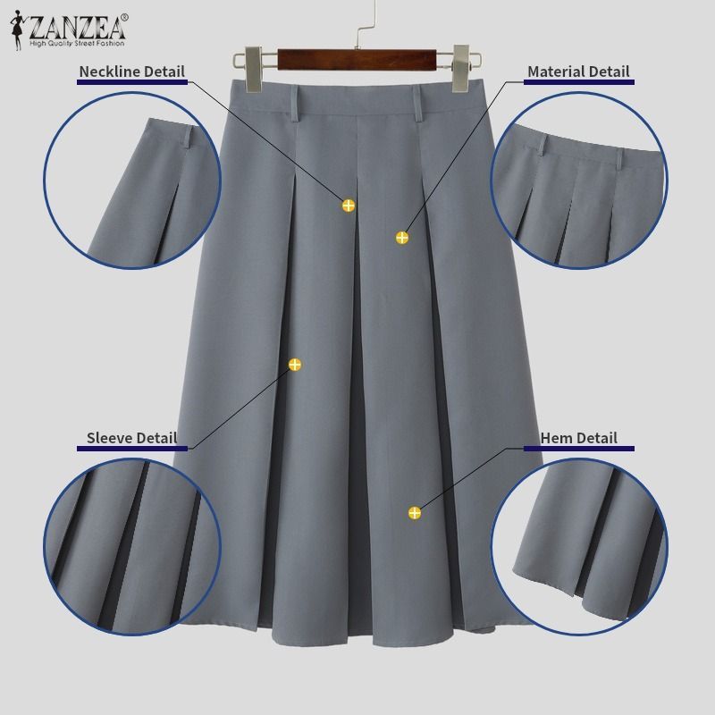 ZANZEA ผู้หญิงเกาหลี Elegant Official Office OL เอวสูงจีบ Solid Midi A-Line Oversirt — صورة 7