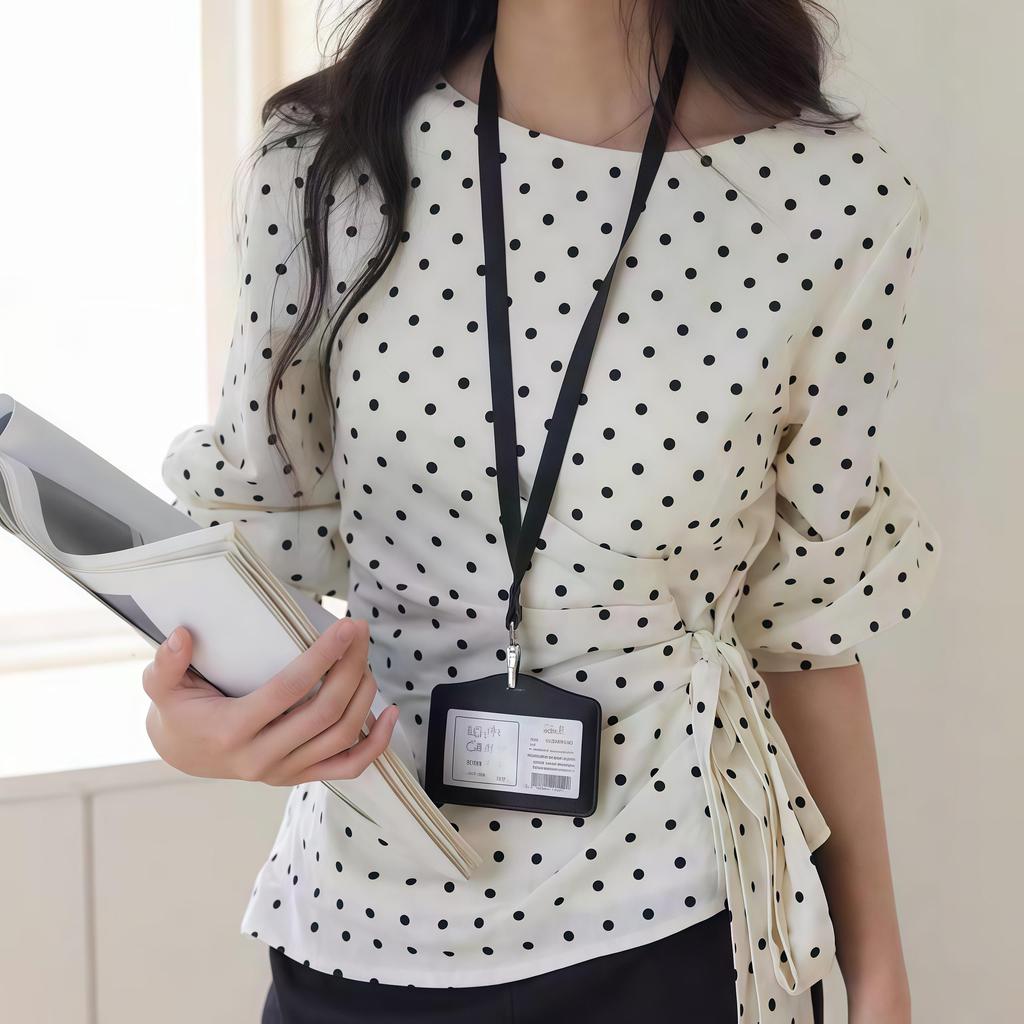 เสื้อแขนยาวคอกลมลายจุดหรูหรา เอวผูกด้านข้าง ชายเสื้อไม่สม่ําเสมอ ดีไซน์อเนกประสงค์สําหรับสวมใส่ในสํานักงานและลําลอง