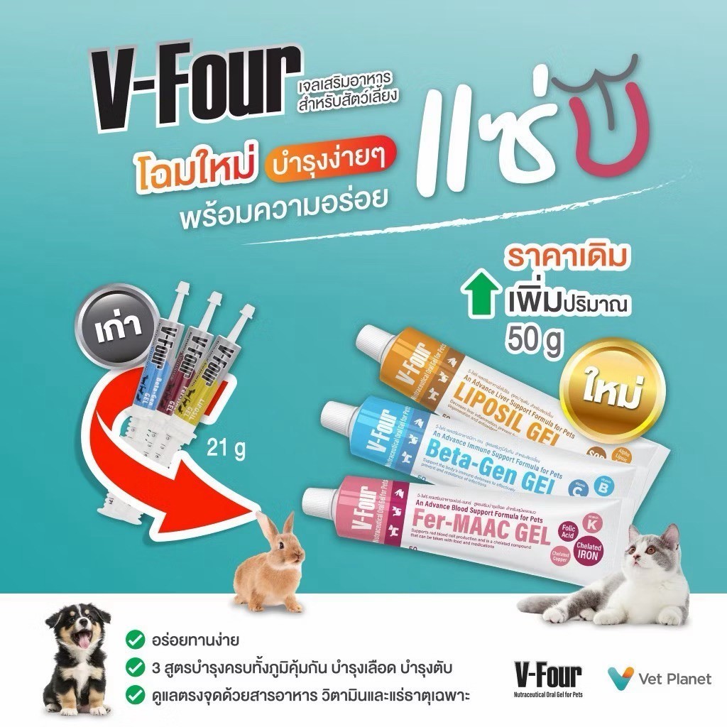V four สำหรับสัตว์ มี บำรุงเลือด บำรุงตับ กระตุ้นภูมิ ขนาดบรรจุ 50 กรัม