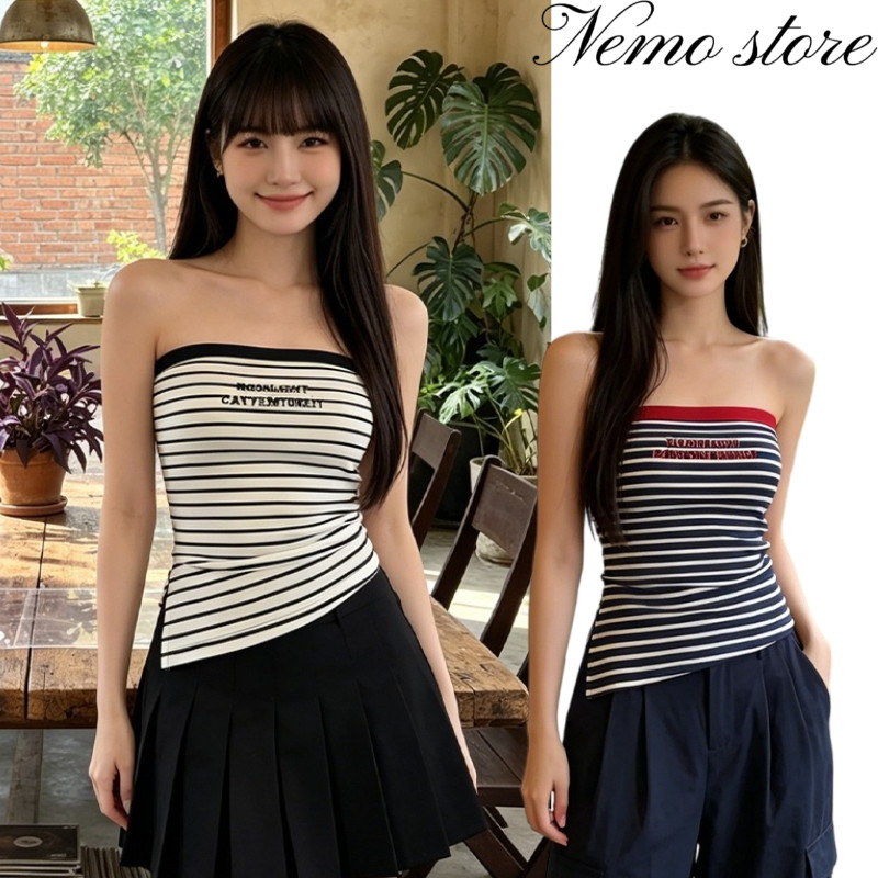 Nemo🌸เสื้อเกาะอกลายทางขอบชายเกาหลี มีฟองน้ำในตัว ผ้านุ่มใส่สบาย ทรงเข้ารูปสวย ใส่เที่ยว ใส่ทำงาน (FY1521)