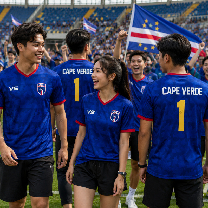 เสื้อกีฬาฟุตบอลเคปเวิร์ด คอวีแขนสั้น ชายหญิง เสื้อเชียร์บอล สปอร์ตแฟชั่น ผ้าไมโครสปอร์ต แห้งไว ระบายอากาศดี พร้อมส่ง