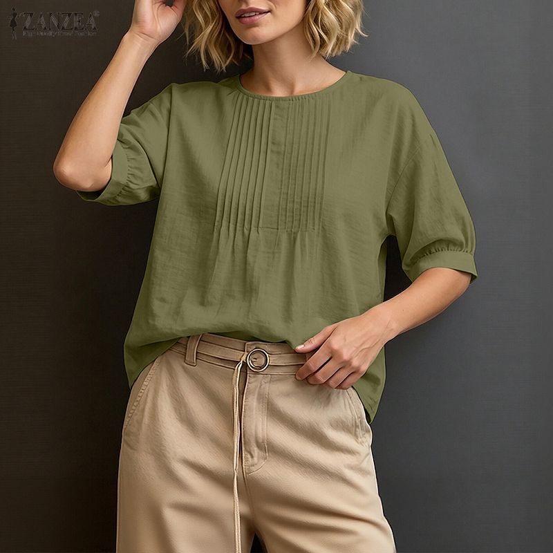 ZANZEA ผู้หญิงวินเทจ Minimalist Casual คอกลม 3/4 แขนโคมไฟ Pleats หลวมสีทึบเสื้อ — صورة 5