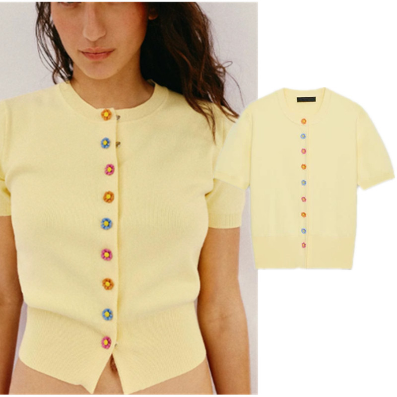 สําหรับ เสื้อแจ็คเก็ตถักปุ่มดอกไม้คอกลมแขนสั้น 5536051