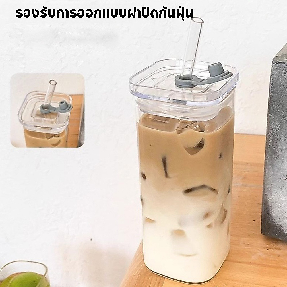 ถ้วยน้ำผลไม้สแควร์มีฝาปิด 400 มล. พร้อมฟางสามารถบรรจุถ้วยน้ำร้อนได้