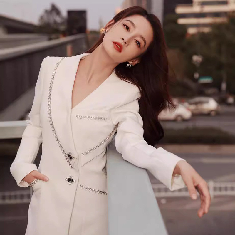 สไตล์คนดัง Heavy Industry Diamond-Studded Suit Dress High-End Feeling Temperament Goddess Fan เสื้อแ