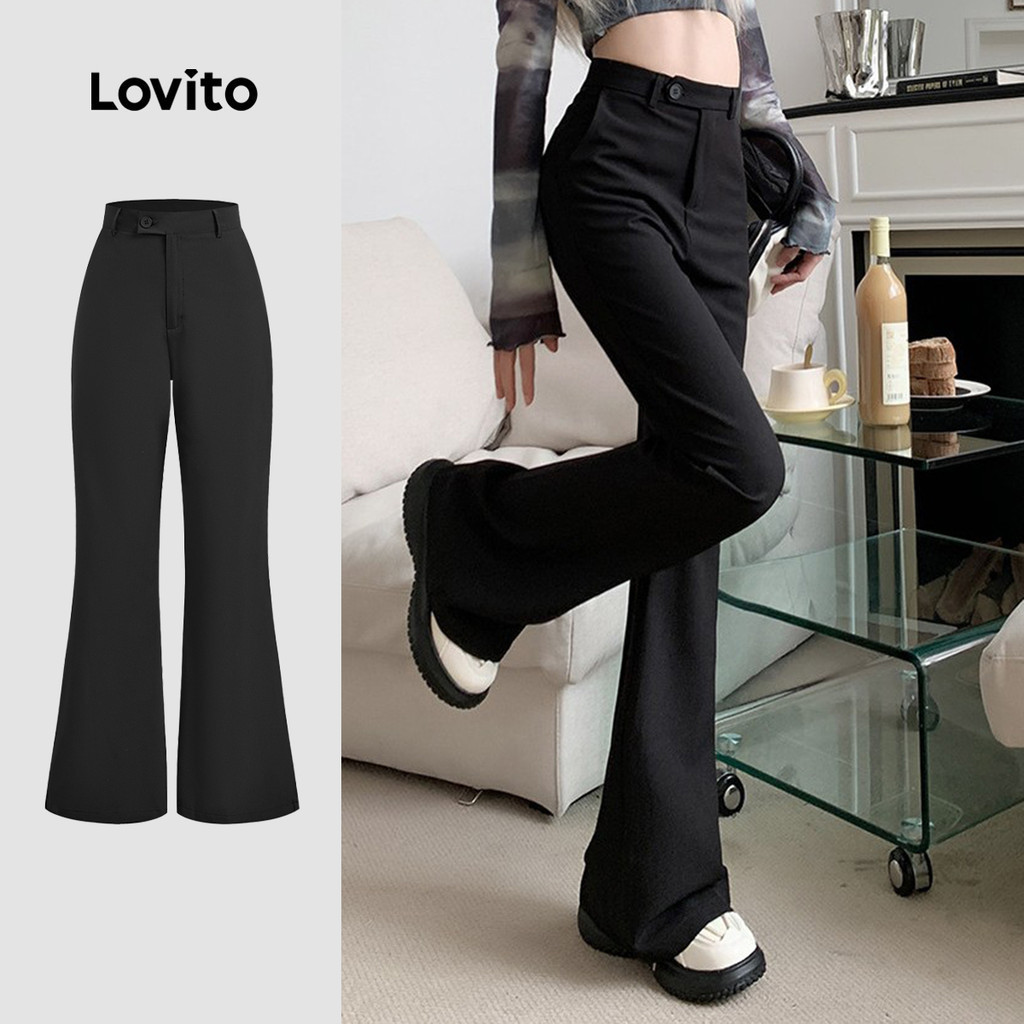 Lovito แคชชวล กางเกงลําลองผู้หญิง กระดุมฤดูใบไม้ผลิ/ฤดูร้อน สีดํา L172LD1279