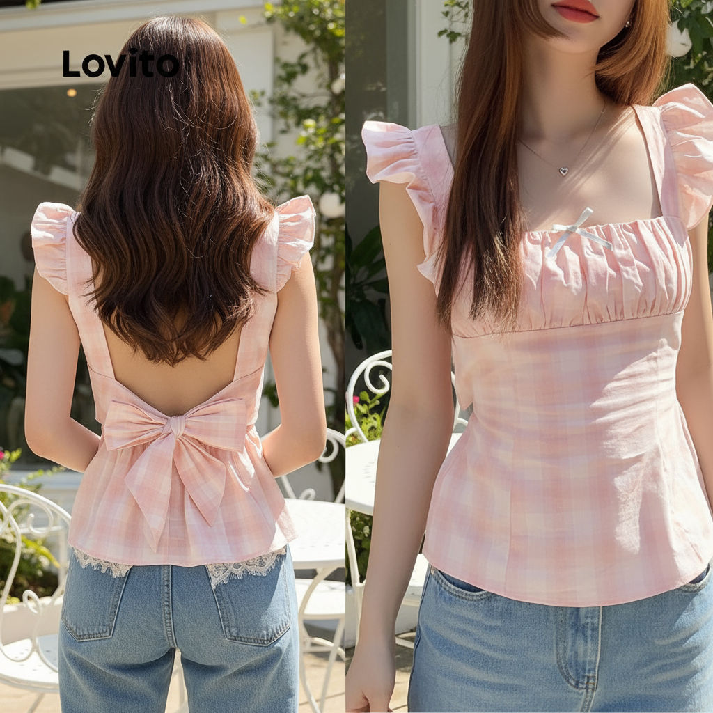 Lovito โบโฮ เสื้อเชิ้ตผู้หญิงสีชมพู ผูกโบว์ สไตล์ชิค สําหรับฤดูใบไม้ผลิ/ฤดูร้อน รุ่น L139AD384