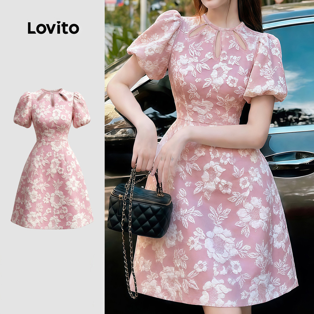 Lovito เดรสสีชมพูสําหรับฤดูใบไม้ผลิ/ฤดูร้อน ประดับหัวเข็มขัดด้วยพลอยเทียม ลายแจ็คการ์ด แบบลําลอง LK5ED366