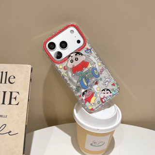 Crayon Shin-chan Magnetic Chain Stand Case,ฝาครอบซิลิโคนสองชั้นสําหรับiPhone 14/15/16/17 Pro & Pro Max,ผู้หญิงสไตล์การ์ตูน