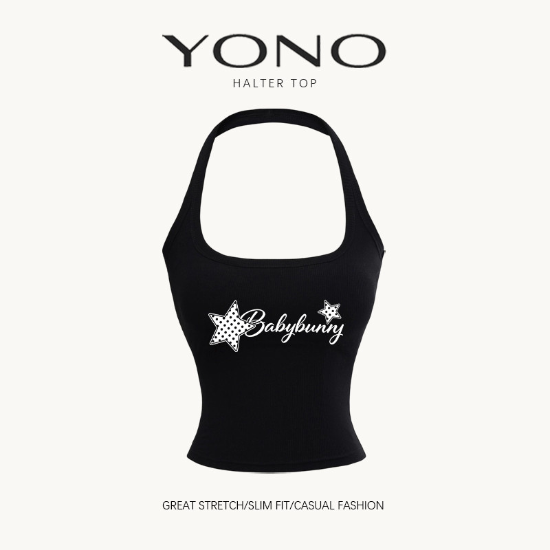 (พร้อมส่ง24ชม.) halter top เสื้อคล้องคอสีดำ ลายดาวกับตัวอักษร ทรงเข้ารูป ฟีลสตรีทหวานเท่ ใส่ชิค