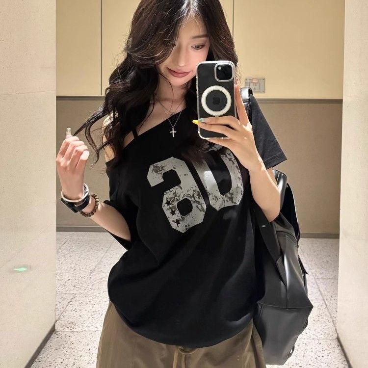 【WJZ】เสื้อยืดแขนสั้นสไตล์เกาหลี สีดำ จากผ้าฝ้ายแท้ สวมใส่ง่ายและสบาย【PDD40】