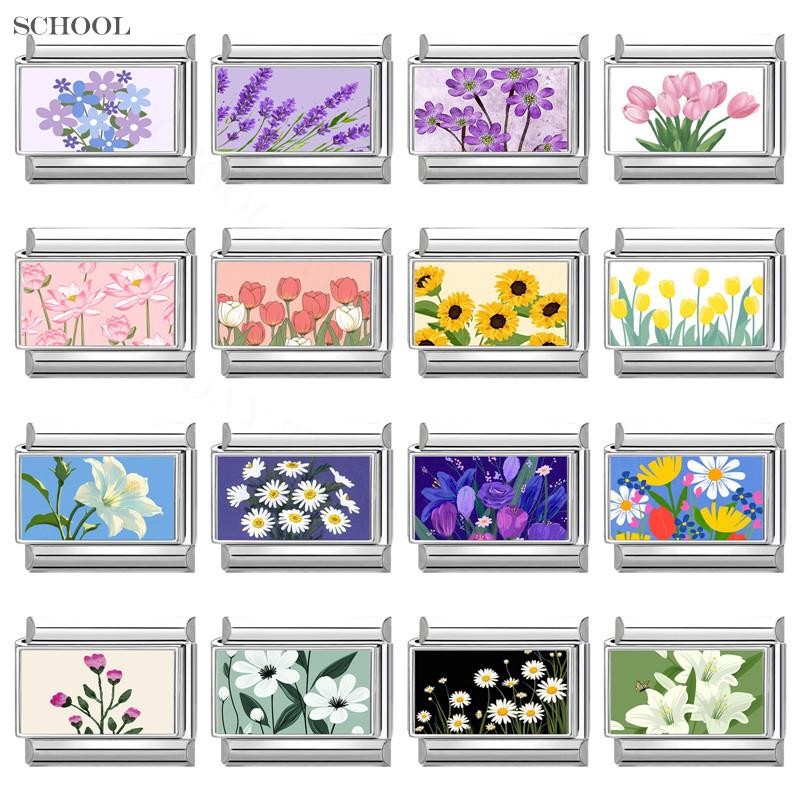 สร้อยข้อมือสแตนเลสมีลายพิมพ์ชุดดอกไม้สไตล์อิตาเลียน charm fit ขนาด 9 มม., เหมาะสำหรับงานDIYและเพิ่มความสวยงามแบบเรโทร